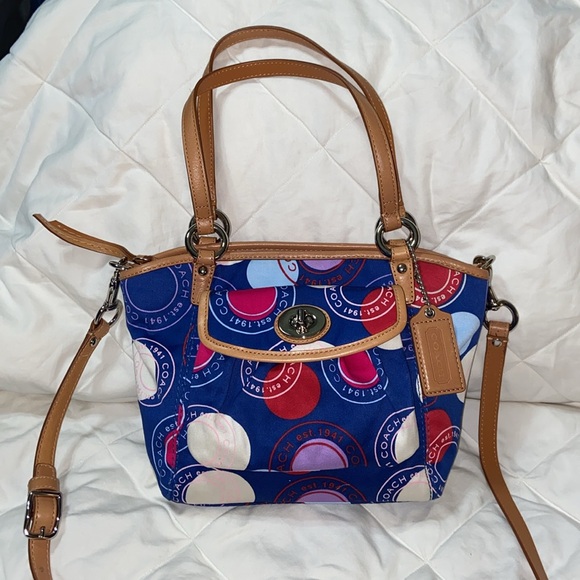 RARE like new Coach Polka Dot Leah F14730 Mini Bag Multicolor Tan Leather - Picture 2 of 16